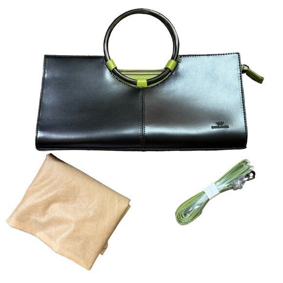 Daniela Moda Vera Pelle Leather Double Top Handle Convertible Bag Black Green NE - Picture 1 of 8